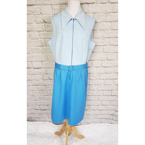 Vintage 1970s Volup Sheath Dress Blue White Dot Pointed Collar Belted Sz 20 - Picture 3 of 12